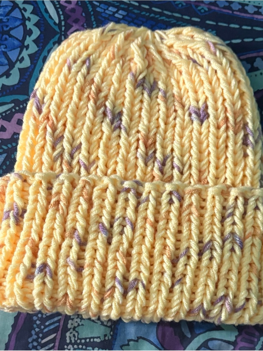 Yellow Knit Beanie Hat with Purple and orange Flecks